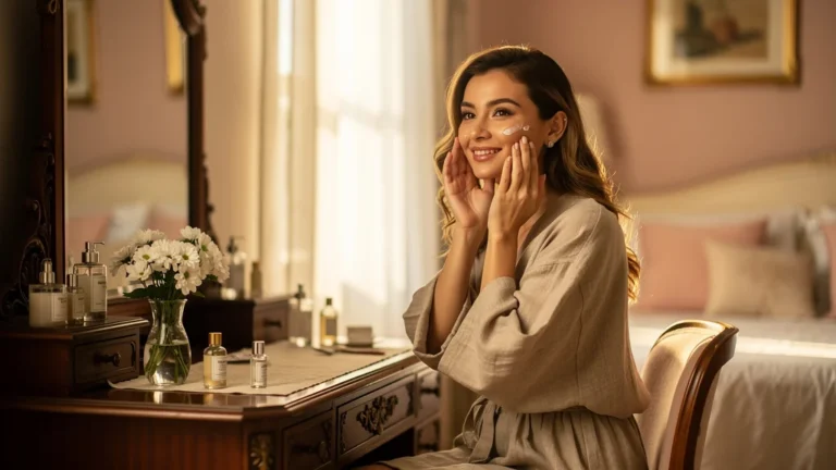 Femme appliquant un sérum visage, petits gestes beauté en plus qui ont tout changé, rituel matinal lumineux