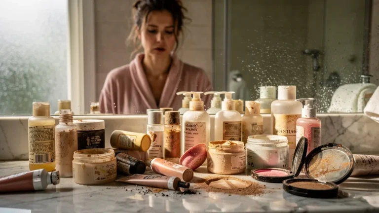 Désordre de produits cosmétiques en magasin, symbolisant mes pires achats avant de changer de méthode