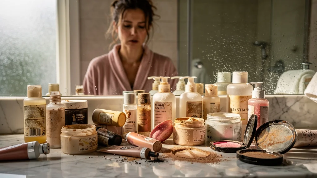 Désordre de produits cosmétiques en magasin, symbolisant mes pires achats avant de changer de méthode