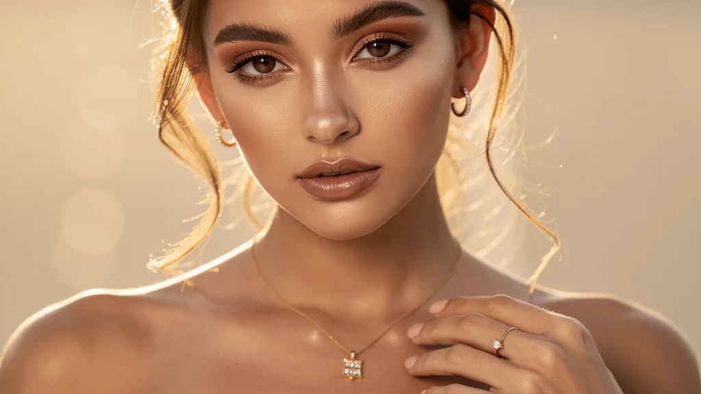 Portrait hyper-réaliste de trois bijoux assortis au maquillage du quotidien, élégance naturelle et lumière douce