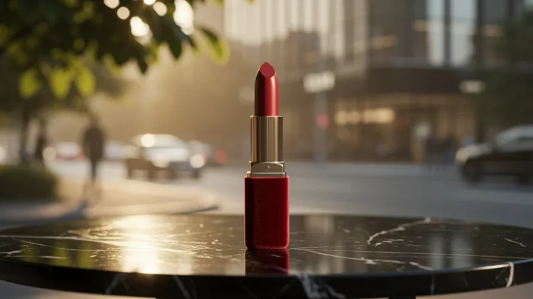 Photo ultra-réaliste d’un rouge à lèvres rouge unique simplifiant les sorties quotidiennes