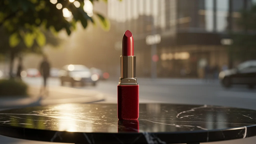 Photo ultra-réaliste d’un rouge à lèvres rouge unique simplifiant les sorties quotidiennes