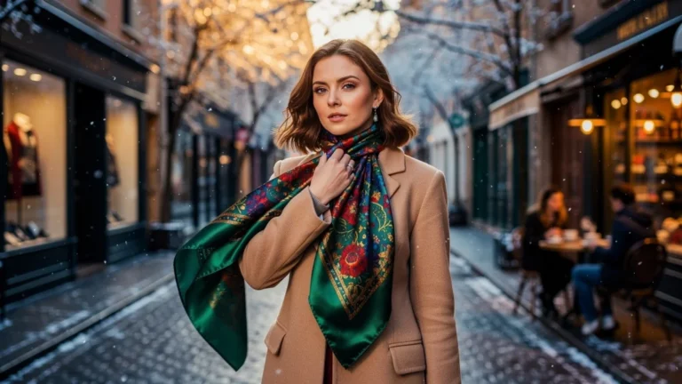 Femme élégante en hiver avec un foulard en soie vintage relançant son style hivernal