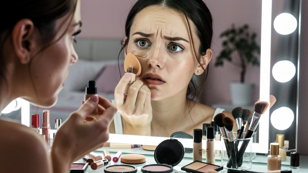 Femme déçue choisissant un fond de teint sous lumière artificielle, erreur maquillage beauté réaliste
