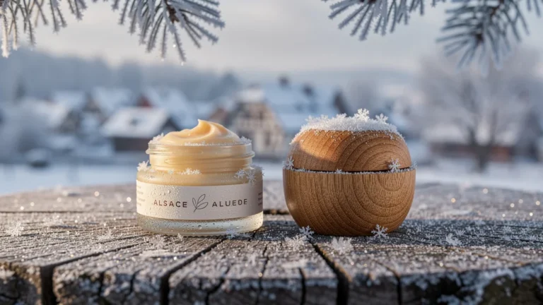 Comparaison hyper-réaliste de deux baumes à lèvres naturels en hiver alsacien sur une table en bois givrée