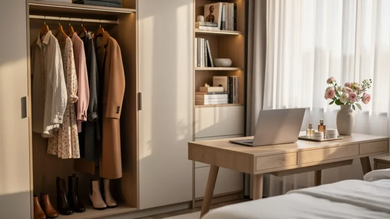 Chambre élégante avec garde-robe mixte saisonnière, illustrant le débat du changement de vêtements saisonniers