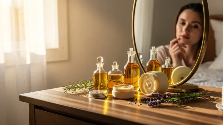 Vanity table with vegetable oils and classic creams, warm light illustrating skincare choice after years of trials