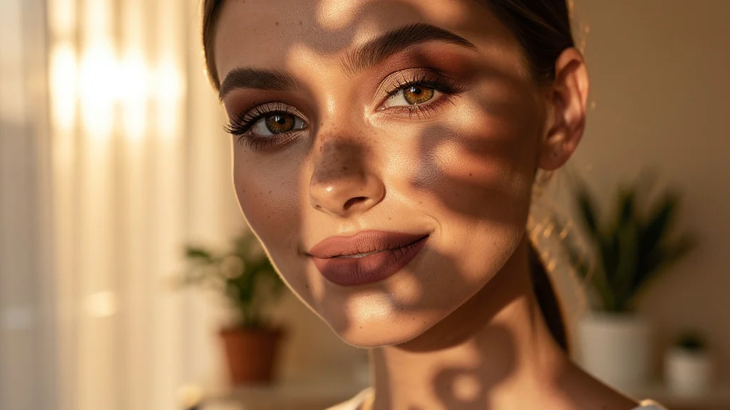 Portrait hyper-réaliste d'une femme naturelle aux traits doux avec un maquillage longue tenue élégant