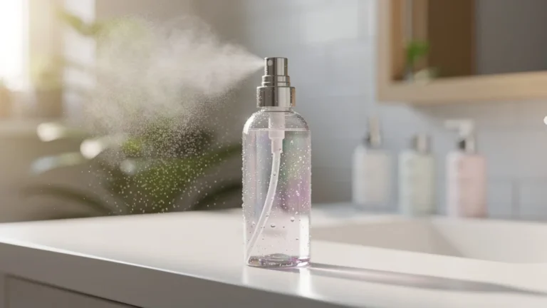 Flacon de brume hydratante élégant sur une table de beauté minimaliste, remplaçant trois produits.