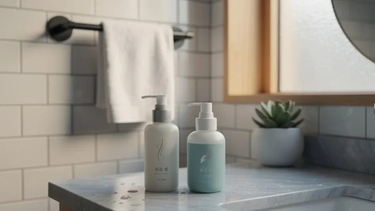 Salle de bain minimaliste coréenne moderne illustrant la routine simple pour peau normale