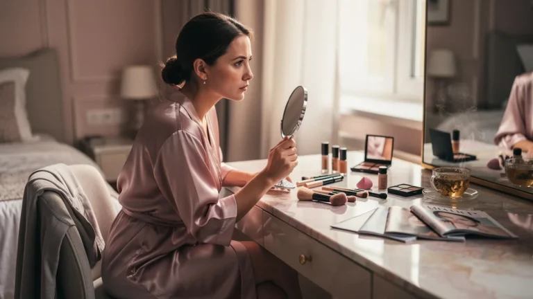 Femme réfléchissant au contouring quotidien dans une ambiance naturelle et réaliste, maquillage minimal