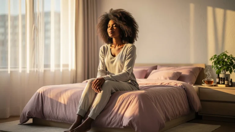Femme confiante avec cheveux naturels au réveil, lumière douce du matin dans chambre moderne