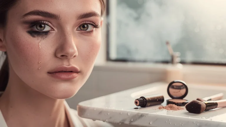 Jeune femme maquillage waterproof qui s'efface sous l'eau, illustrant la tenue décevante au quotidien