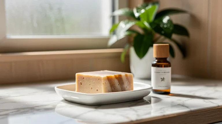 Shampoing solide naturel posé sur un comptoir minimaliste, idéal pour cheveux fins, lumière douce matinale