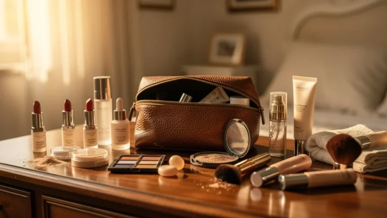 Trousse de maquillage ouverte révélant produits jamais utilisés dans une lumière douce et réaliste
