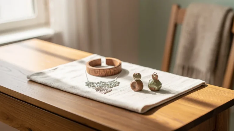 Matin lumineux avec accessoires artisanaux minimalistes sur une coiffeuse en bois clair
