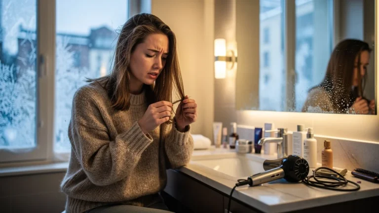 Femme de 32 ans avec cheveux cassants en hiver après usage excessif de sèche-cheveux chaud