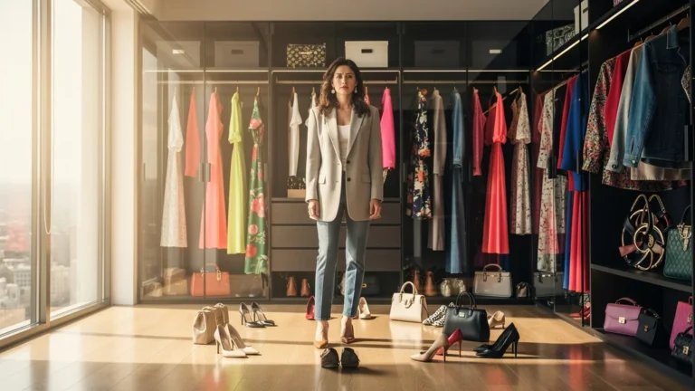 Femme devant une garde-robe moderne débordante de vêtements de mode, reflet du coût et confusion vestimentaire