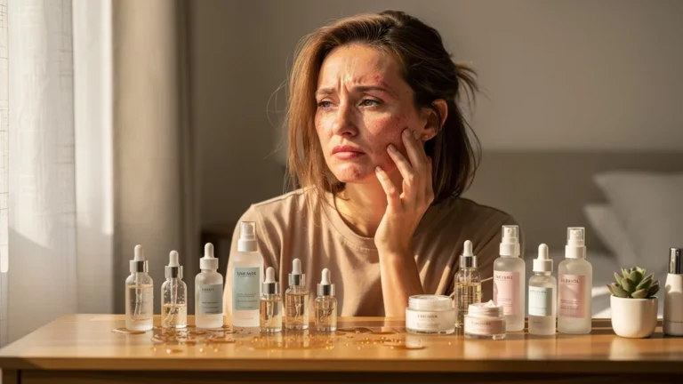 Femme de 32 ans avec peau irritée après superposition excessive de soins, reflet d’une peau déréglée