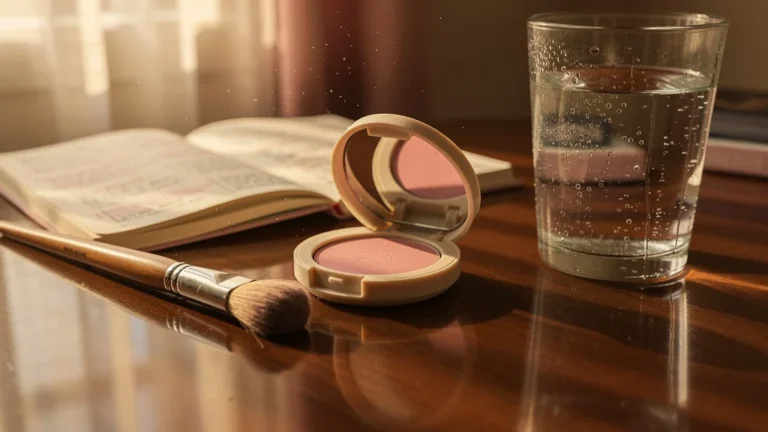 Blush en crème premier prix utilisé tous les jours pendant un mois posé sur une coiffeuse lumineuse