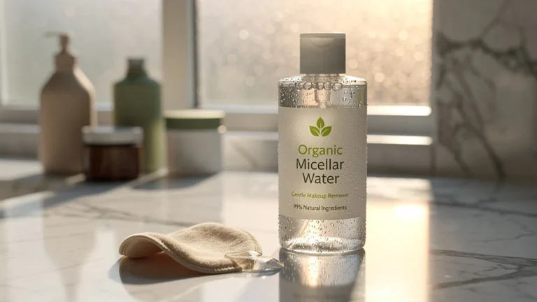 Bouteille d’eau micellaire bio sur un lavabo en marbre, ambiance douce et naturelle pour le démaquillage