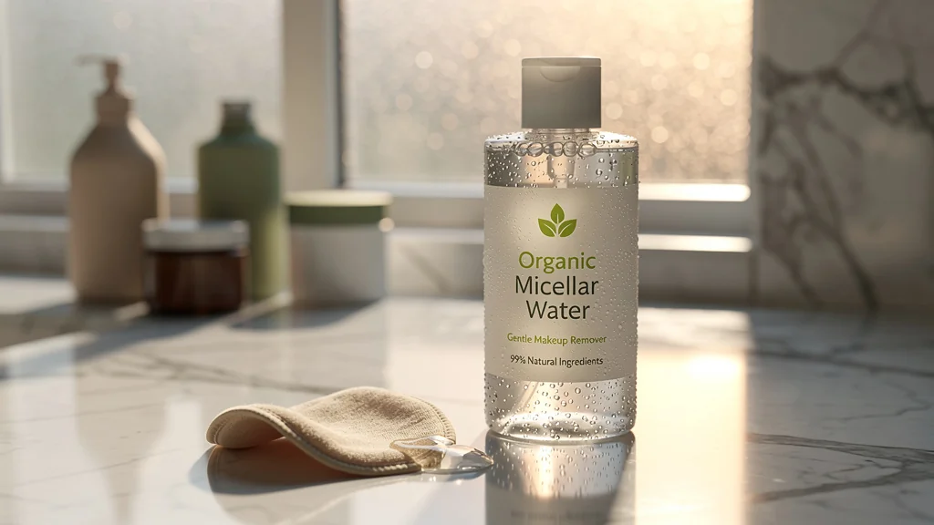 Bouteille d’eau micellaire bio sur un lavabo en marbre, ambiance douce et naturelle pour le démaquillage