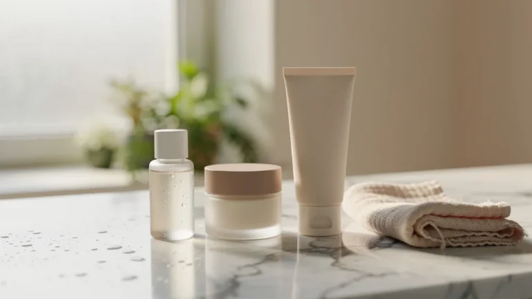 Routine de soin courte pour peau réactive avec produits minimalistes dans une salle de bain lumineuse et apaisante