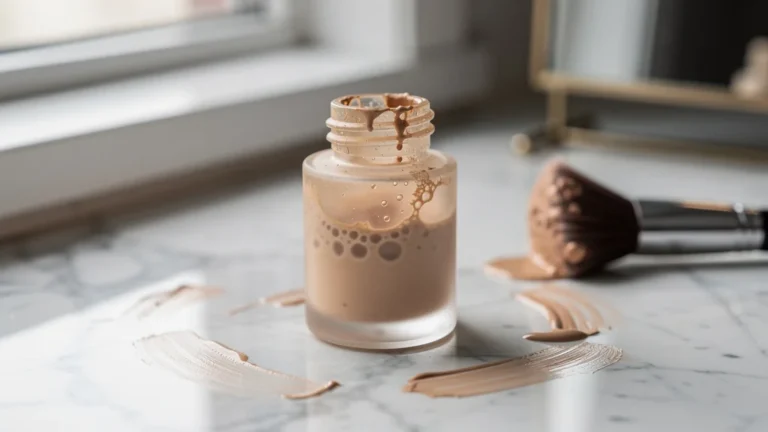 Fond de teint tourné sur une table de maquillage, après avoir omis le soin préalable au maquillage