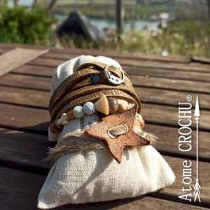 Bracelets /colliers 3 en 1 cuir bois pierres Hippie chic Atome CROCHU ®