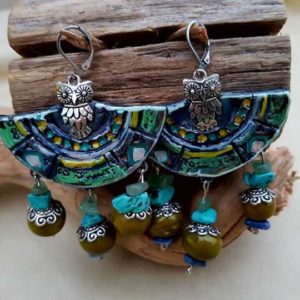 Boucles d'oreilles kaki et turquoise chouette