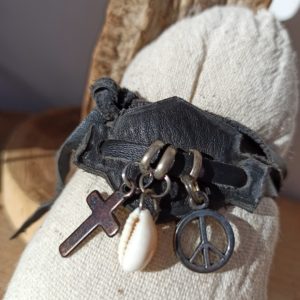 Bracelet cuir noir CROIX forme Harley davidson HD, biker & bikeuse croix coquillage Peace and love